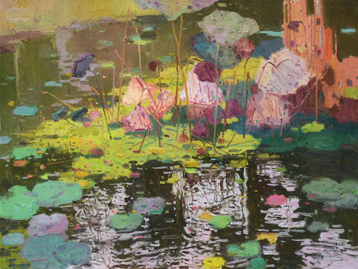 Impressionistic Landscape Oil Painting By Jianzhe Chon, 31 X 24, Waterlilies In Pond 191, Original Artwork