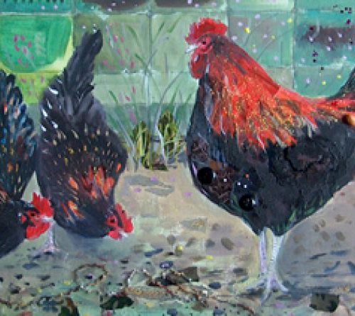 Cockerel with hens by Fiona Plaisted