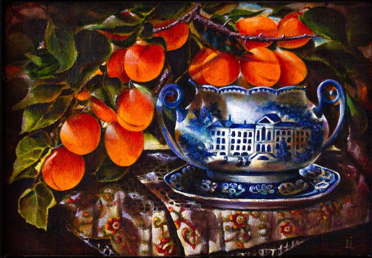 Photorealistic Still Life Oil Painting By Inga Loginova, 14 X 10, Apricot Branch In A Bowl, Original Artwork
