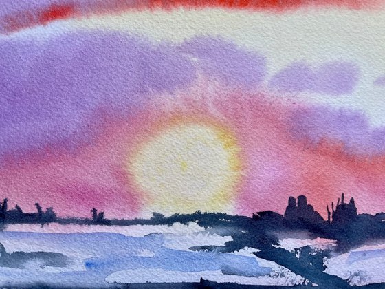 Winter Watercolor Painting, Sunset Landscape Original Wall Art, Snowy Nature Artwork, Christmas Home Decor