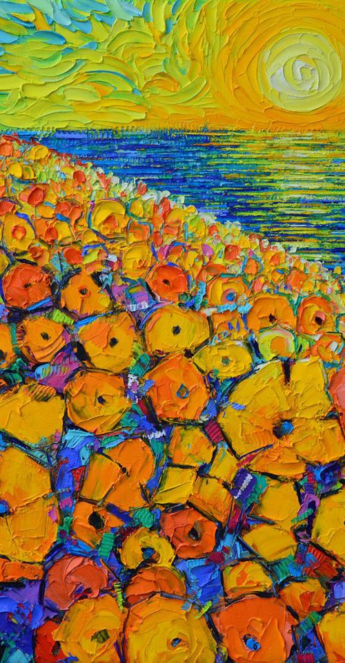 Orange poppies by the sea sunrise abstract landscape textural impressionist impasto palette knife oil painting by Ana Maria Edulescu by ANA MARIA EDULESCU