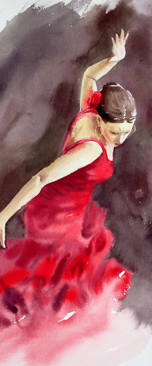 Flamenco Dancer in Red Dress - by Olga Beliaeva Watercolour