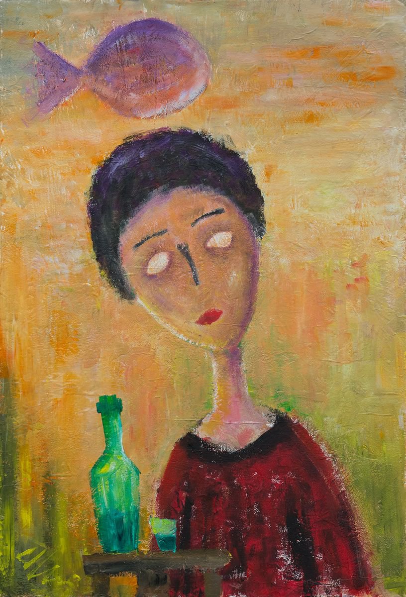 Naive Portrait Acrylic Painting By Peter Zelei, 13 X 20", The Absinthe Drinker, Original Artwork