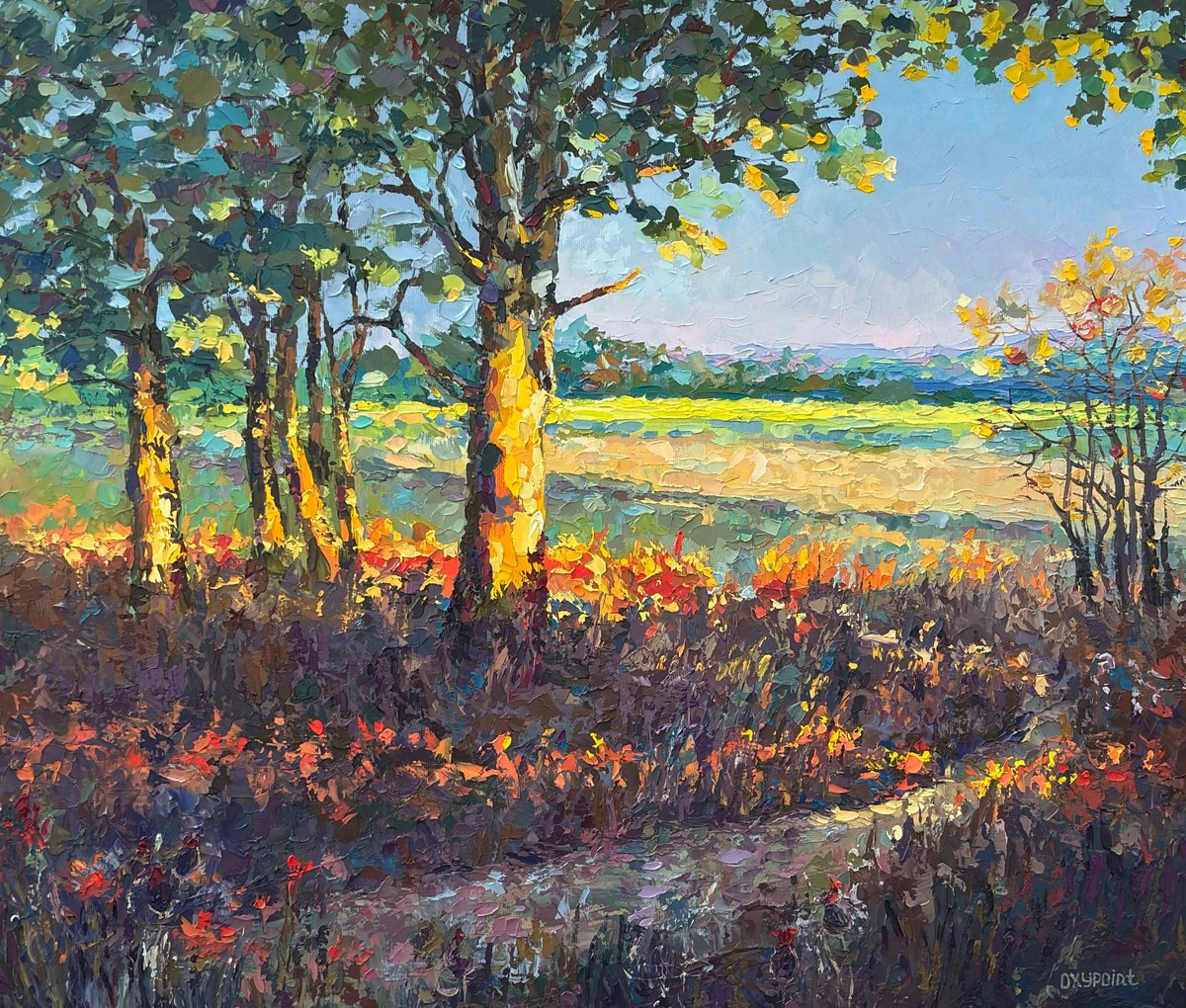Impressionistic Landscape Oil Painting By Oxypoint, 28 X 24", Golden Hour Of Early Autumn, Original Artwork