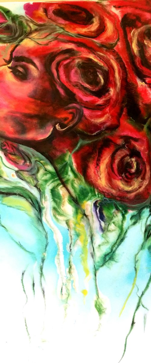 "My name is Rose"Contemporary oil and resin  painting on  board, 50x90x1,2cm, ready to hang by Elena Kraft