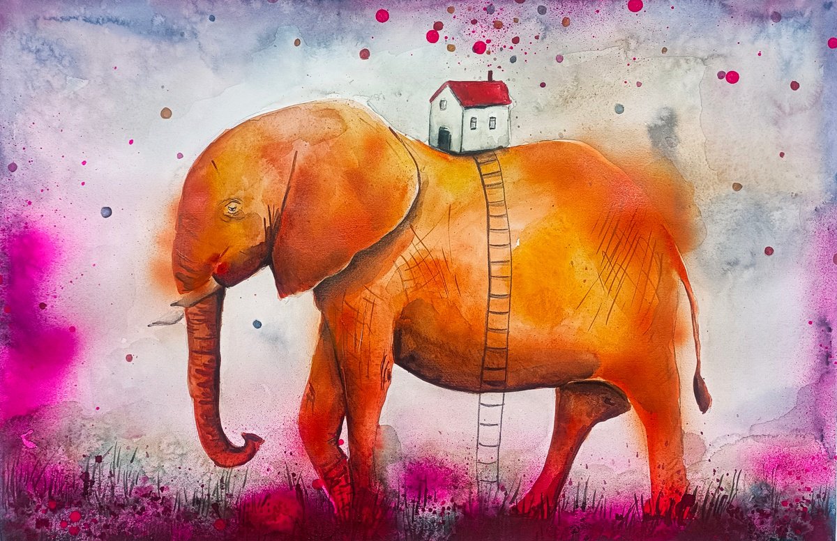Surrealistic Animal Watercolour By Evgenia Smirnova, 22 X 15, Journey Of An Orange Elephant, Original Artwork