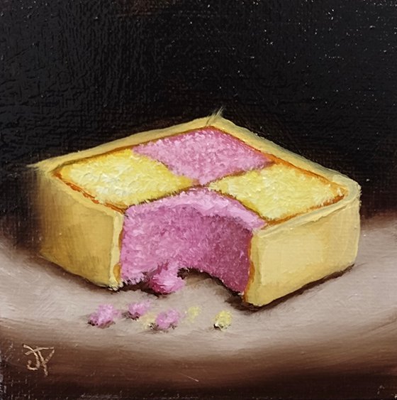 Little Battenberg cake slice still life