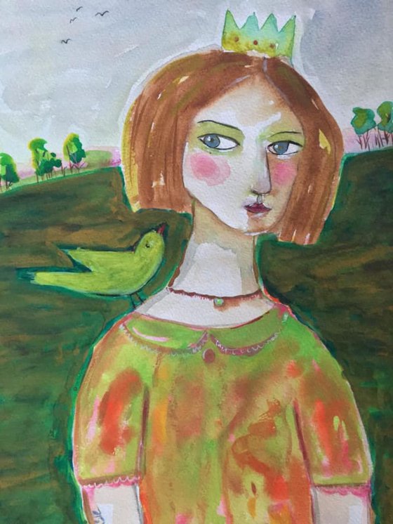 Princess Queen Girl with bird - quirky figurative vintage impressionist