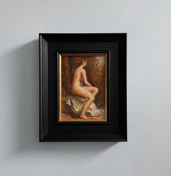 Old Master style female nude figure oil painting, with wooden frame.