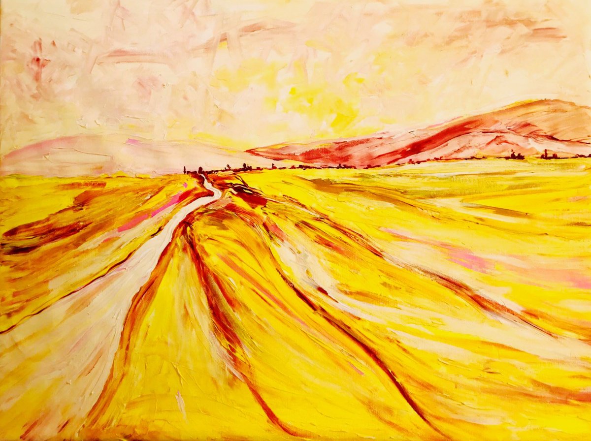 Abstract Landscape Acrylic Painting By Tetiana Pchelnykova, 31 X 24", Yellow Fields, Silence Series, Original Artwork