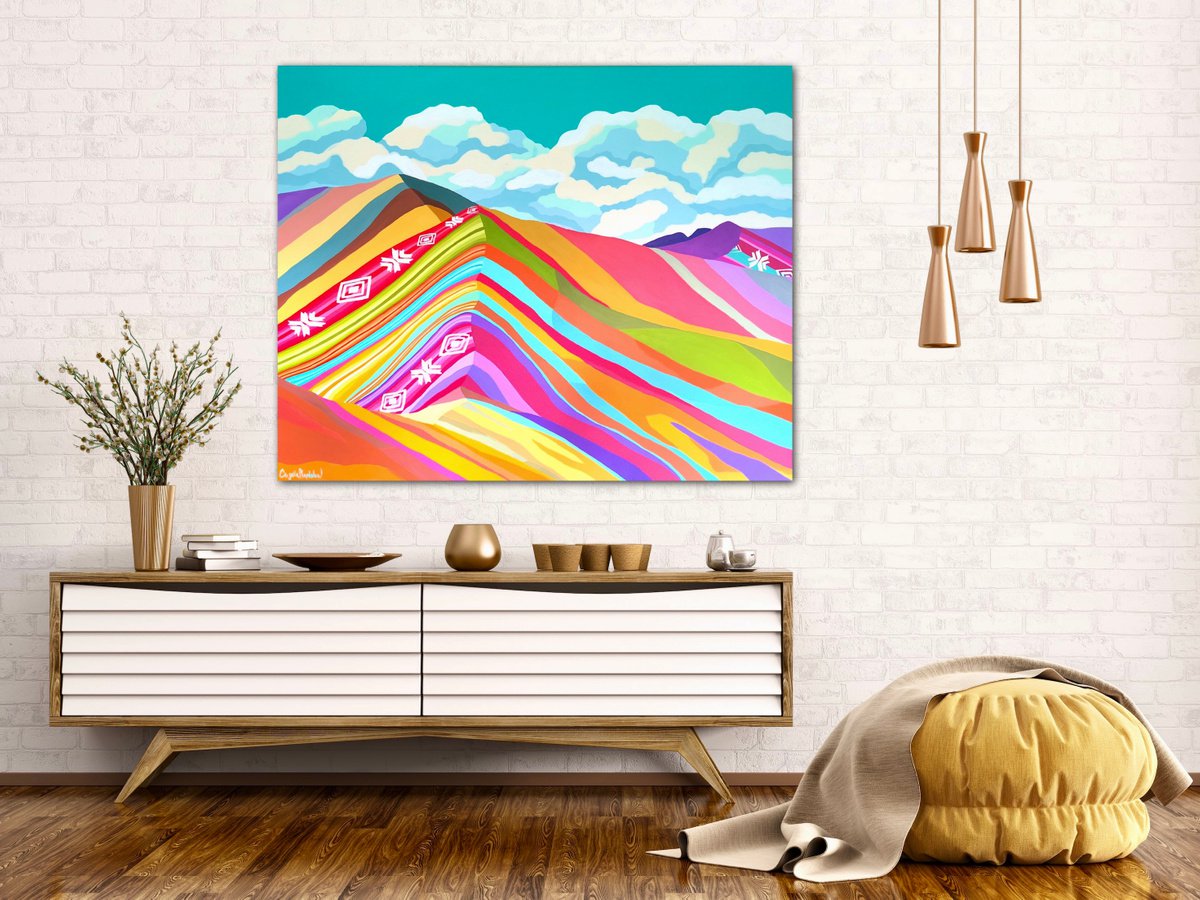 Organic Landscape Acrylic Painting By Gisella Stapleton, 40 X 32, Vinicunca, Rainbow Mountain, Original Artwork