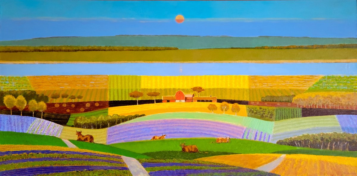 Geometric Oil Painting , Quiet Evening By Vadim Vaskovsky, 48 X 24, Artwork For Sale On Artfinder
