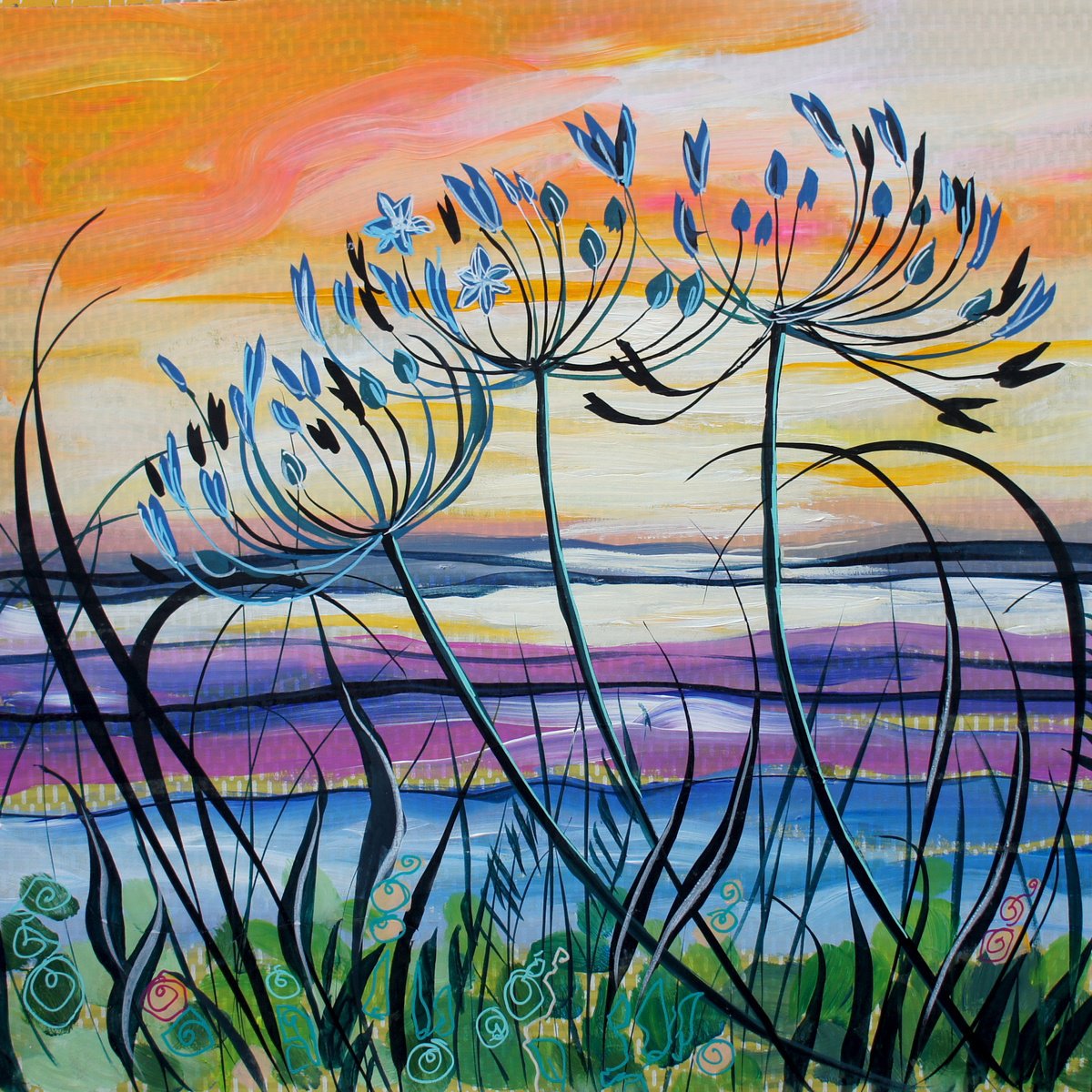 Impressionistic Landscape Acrylic Painting By Julia Rigby, 15 X 15", Tresco Sunset, Original Artwork