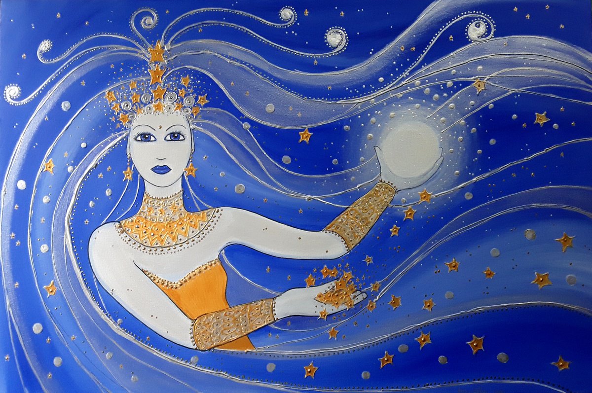 Night Goddess - Goddess of Night - Moon and Stars - Goddess Art by Angie Livingstone