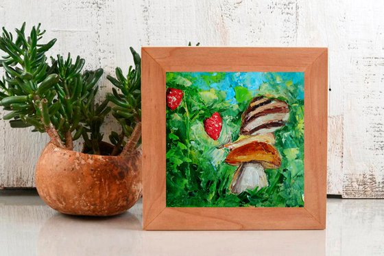 Snail Painting Mushroom Original Art Strawberry Wall Art Small Artwork Oil Impasto Painting