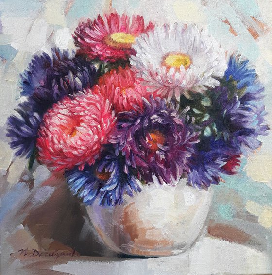 Autumn asters flowers in white vase, Floral fruit still life