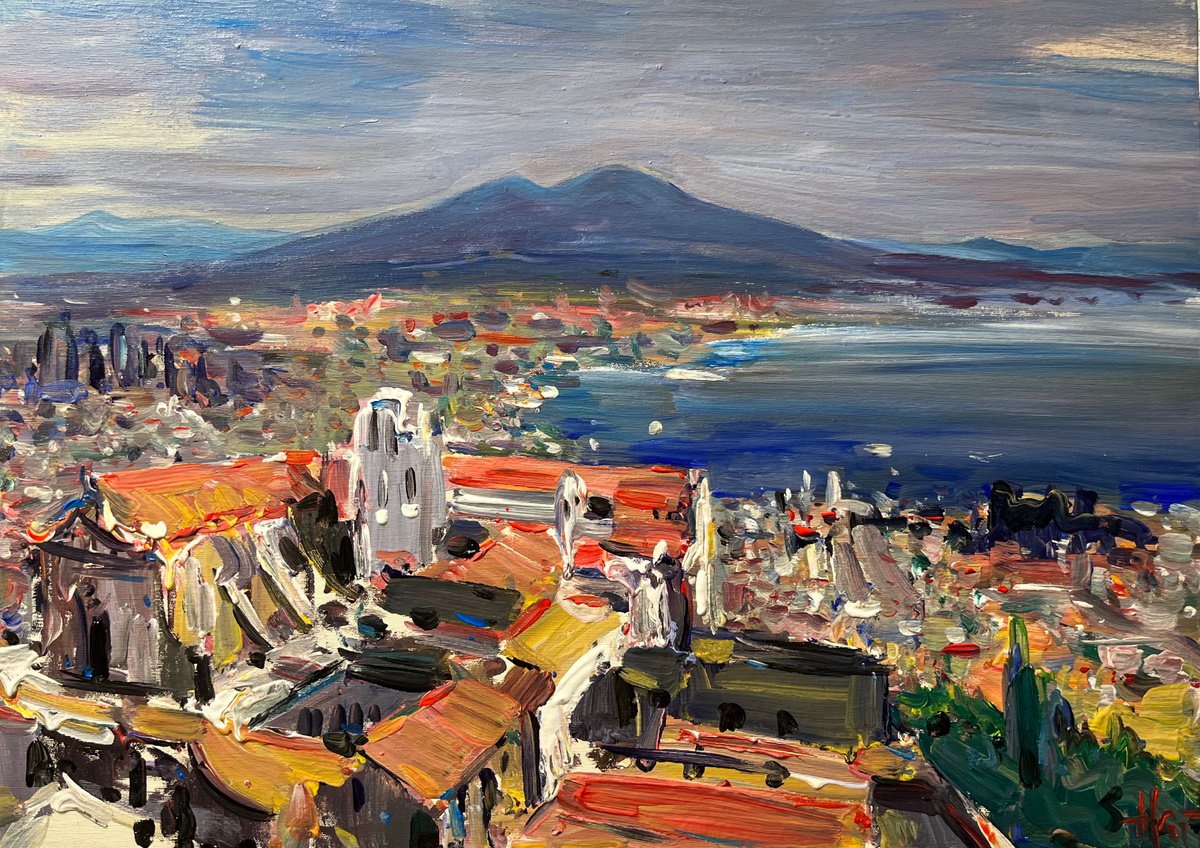 Impressionistic Landscape Acrylic Painting By Altin Furxhi, 28 X 20, Napoli Vesuvio View Impression, Original Artwork