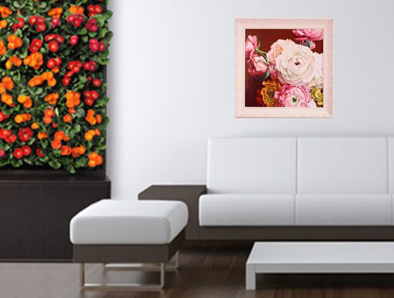 Peonies Acrylic painting Still life White pink yellow flowers burgundy background Luxurious bouquet Modern framed painting Gift her Relax