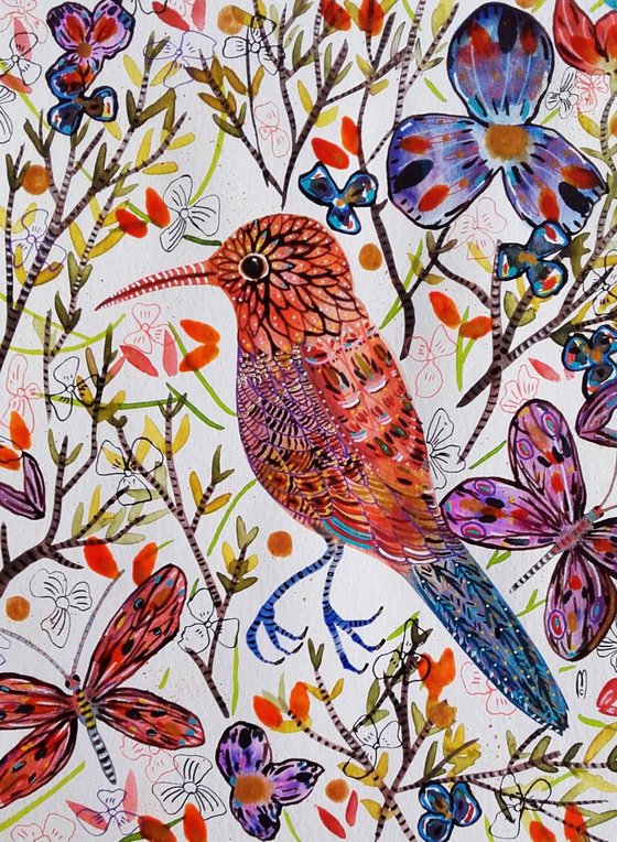 Bird Watercolor Orange Bird Animal Art - Nature - Bird Flowers - Céline Marcoz Art