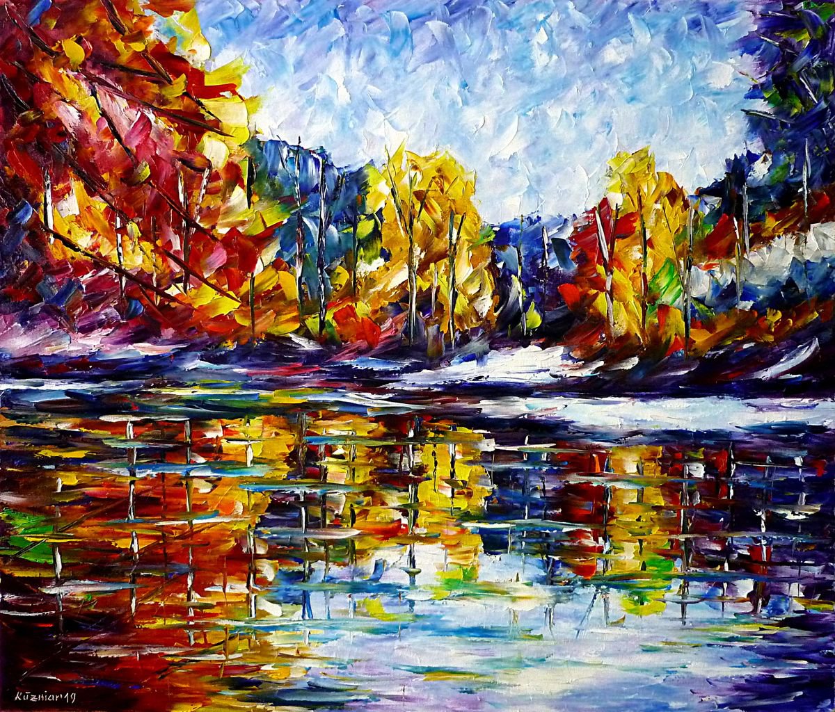 Expressive Oil Painting , Autumn Mood At The Lake By Mirek Kuzniar, 28 X 24, Artwork For Sale On Artfinder
