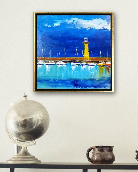 Tranquil Bay on Garda Lake, Italy Seascape, Lighthouse, Oil Painting