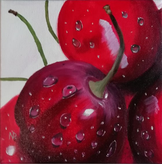 Cherries, original berry fruit still life oil painting, small gift idea