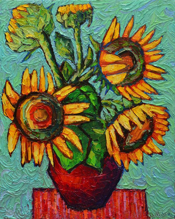 SUNFLOWERS IN RED VASE - modern impressionist impasto colorful vibrant textured contemporary floral art palette knife oil painting