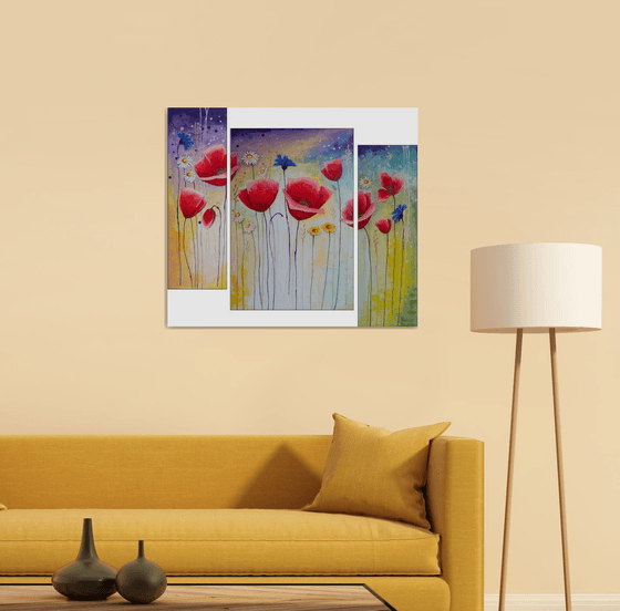 Abstract red poppies (20x60 40x60 20x60cm, acrylic painting, ready to hang)