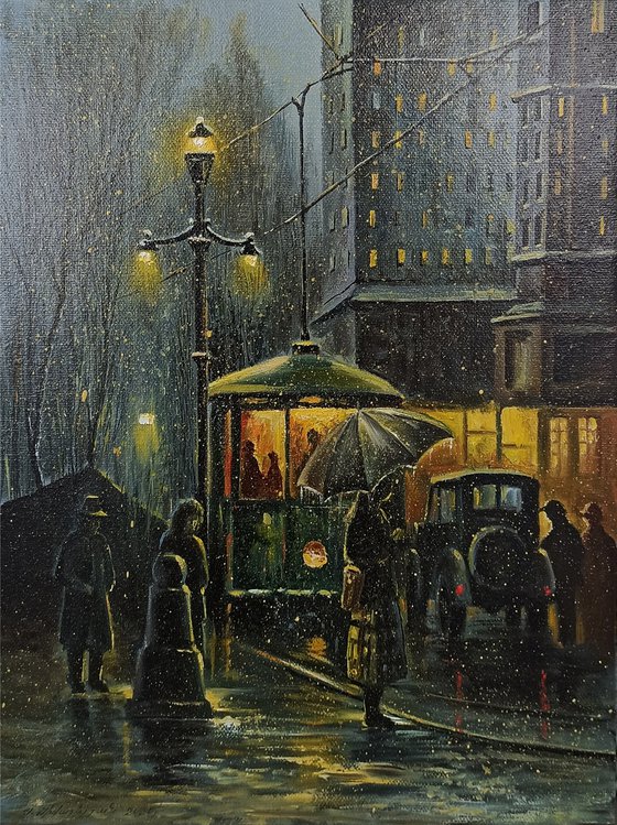 Night rain Oil painting, 40x30cm, impressionism, ready to hang