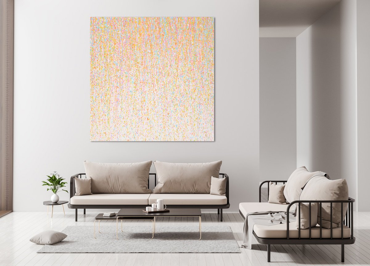 Abstract Landscape Acrylic Painting By Isabelle Pelletane, 39 X 39, Rainbow Light Rain, Original Artwork