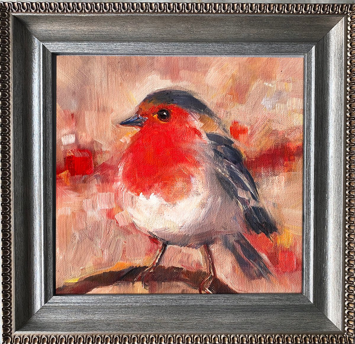 Impressionistic Animal Oil Painting By Arti Chauhan, 10 X 10, Red Robin, Original Artwork