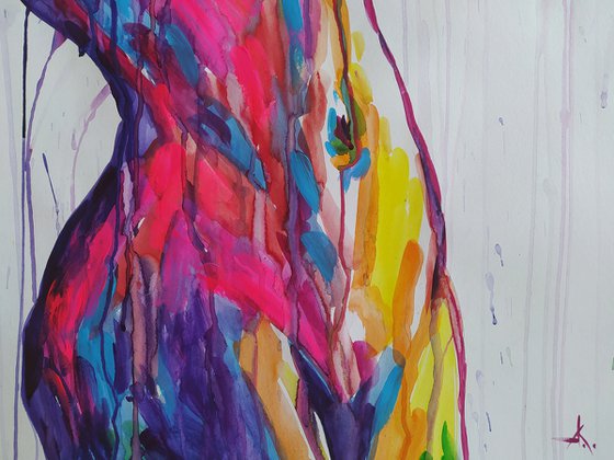 Walk under the rain - erotic, nude, woman, woman body, nu, girl, watercolor painting, acrylic, body