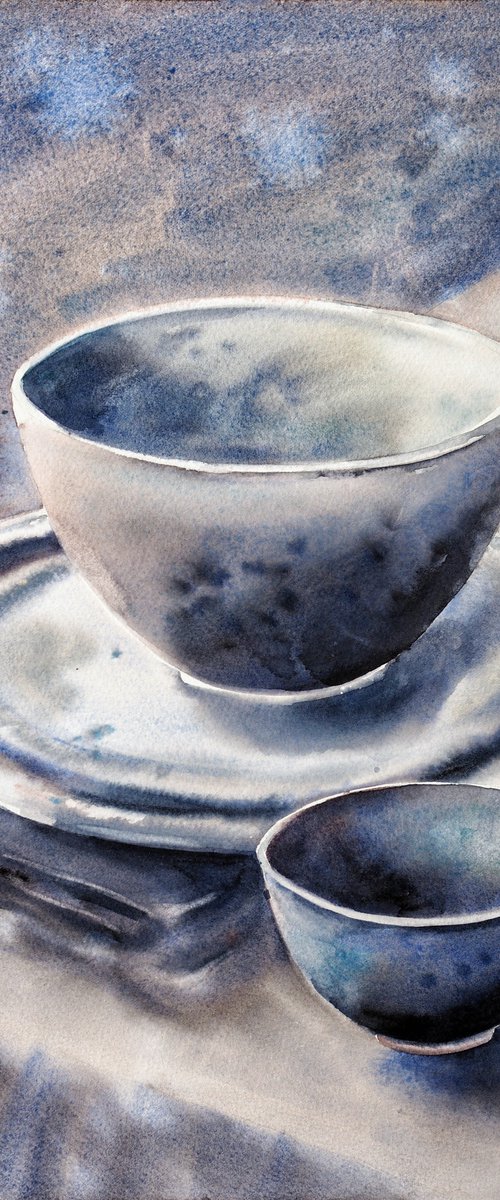 Kitchen story - gray bowls and plate - original watercolor by Delnara El