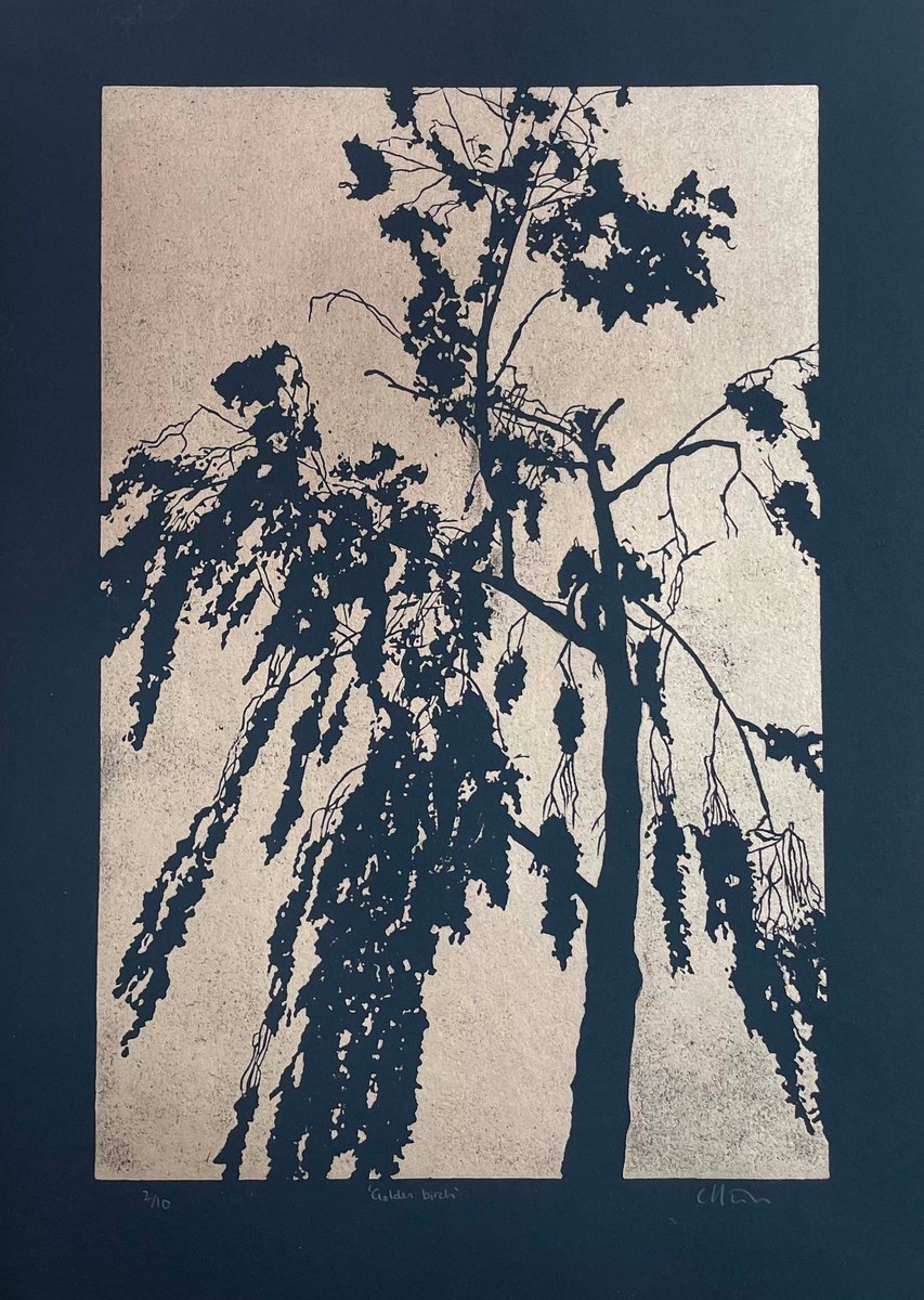 Impressionistic Landscape Linocut By C Staunton, 11 X 15, Golden Birch - Birch Linocut, Original Artwork