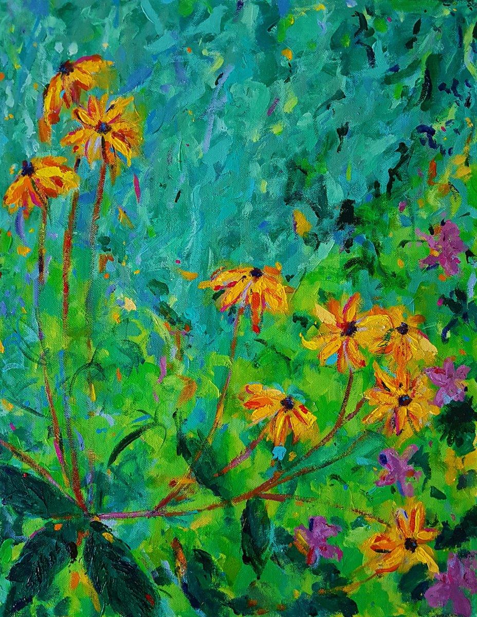 Impressionistic Botanical Acrylic Painting By Dawn Underwood, 14 X 18, Yellow Flowers, Original Artwork