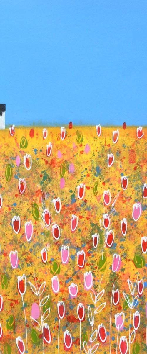 White Cottage with Red and Pink Tulips by Jan Rippingham