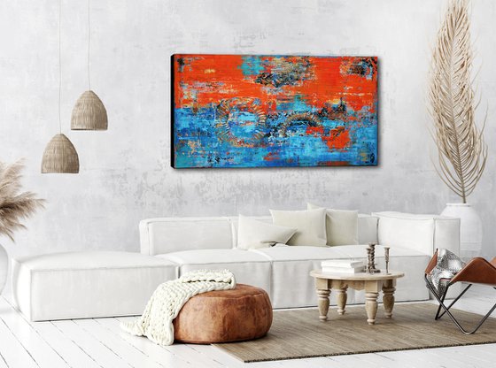 RIMINI - 180 x 100 CMS - ABSTRACT PAINTING - TEXTURED - XXL - BLUE - ORANGE