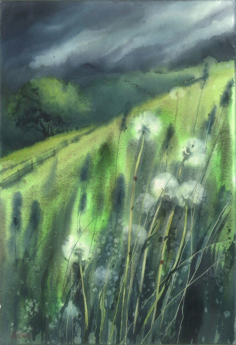 Impressionistic Landscape Watercolour By Oksana Duchenchuk, 15 X 22", Dandelions, Original Artwork