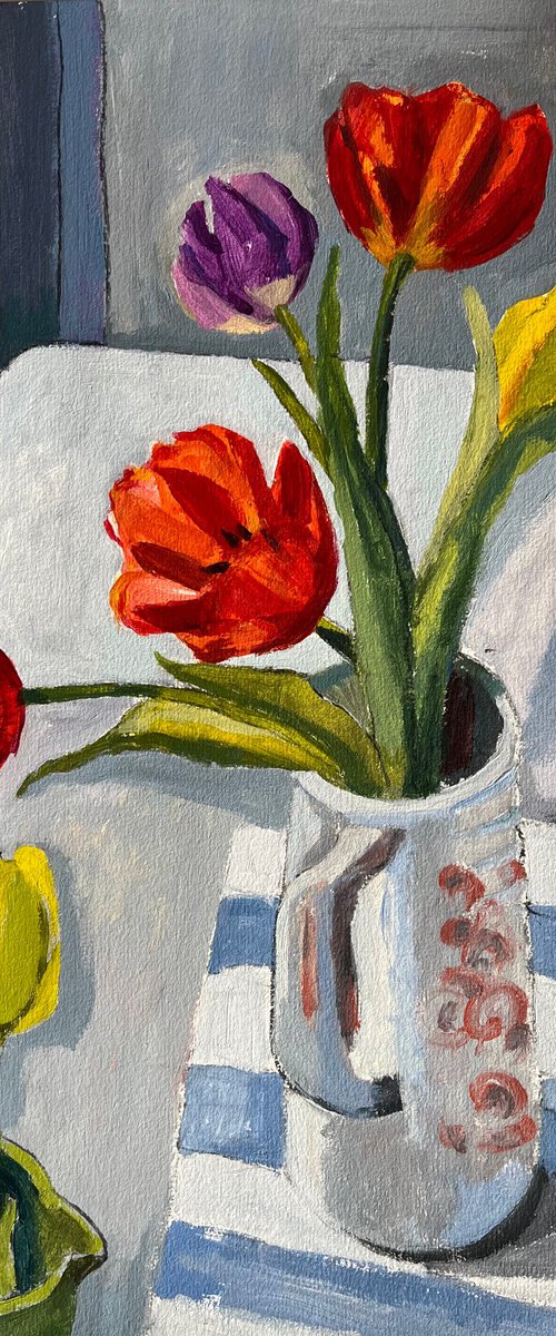 Tulips in a blue jug by Christine Callum  McInally