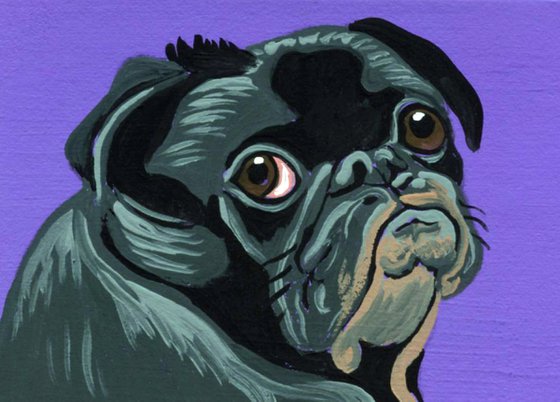 ACEO ATC Original Miniature Painting Black Pug Pet Dog Art-Carla Smale