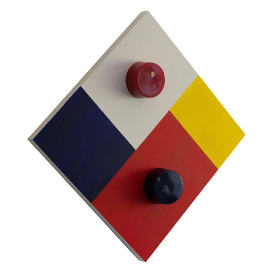 "Available Sold (Mondriaan)" (35x35x7cm) - Unique sculpture on wood (abstract, Mondriaan, original, painting, acrylic, resin, wood, 3D)