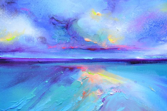 New Horizon 166 - 40x40 cm, Colourful Seascape, Sunset Painting, Impressionistic Colorful Painting, Large Modern Ready to Hang Abstract Landscape, Pink Sunset, Sunrise, Ocean Shore