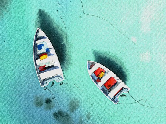Boats near the reef original watercolor ocean  painting, beach wall art , nautical decor over the bed,