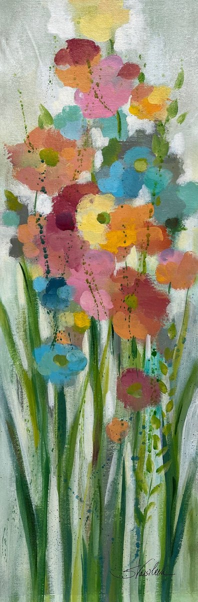 Expressive Botanical Acrylic Painting By Silvia Vassileva, 12 X 36", Long Stem Bouquet I, Original Artwork