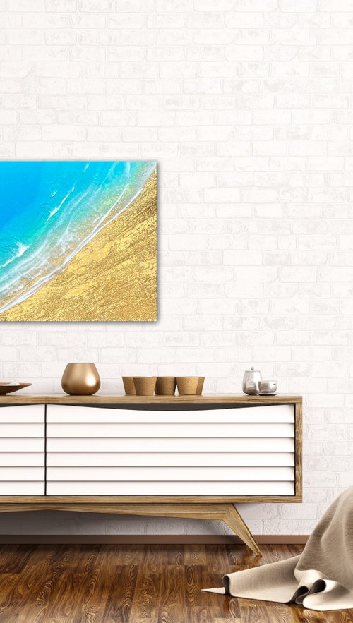 Finding peace - gold sand aerial ocean painting by Ana Hefco