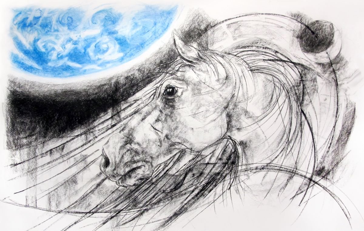Surrealistic Animal Charcoal Drawing By John Sharp, 43 X 26, Pegasus, Planet, Moon 2, Original Artwork