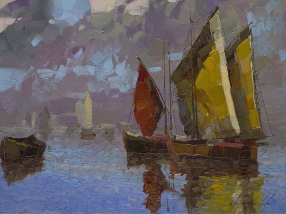 Sail Boats Original Handmade Painting Signed Oil on Canvas