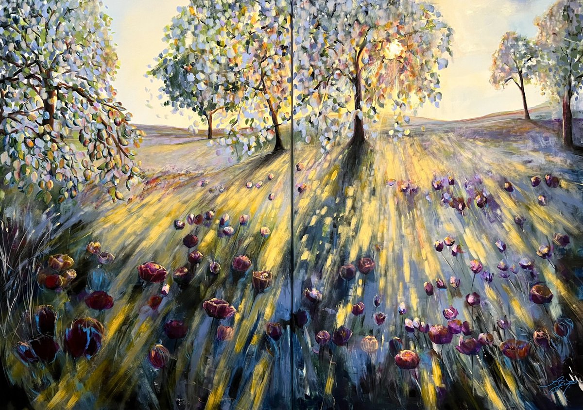 Impressionistic Landscape Acrylic Painting By Sandra Gebhardt-Hoepfner, 55 X 39", Walking On Sunshine, Original Artwork