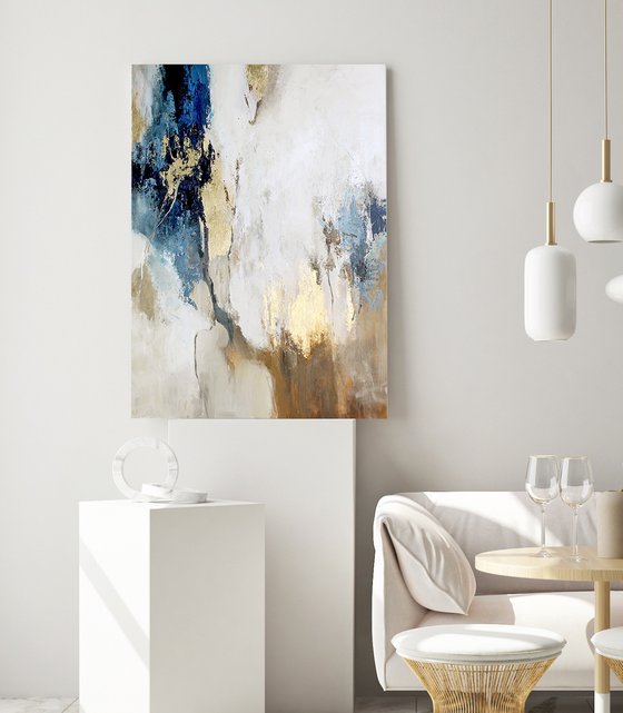 "Flow 1" Abstract blue and gold acrylic art