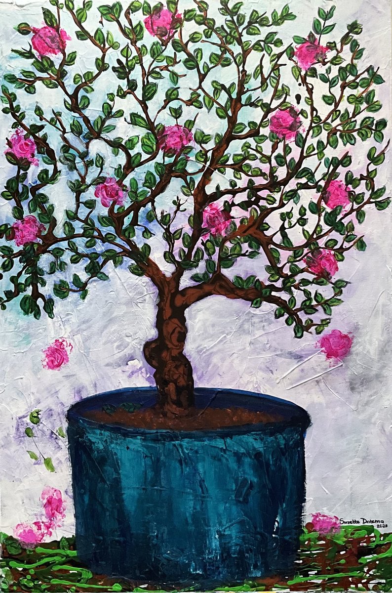 Impressionistic Botanical Acrylic Painting By Suzette Datema, 24 X 36", The Happy Rose Tree, Original Artwork